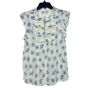 E&M Blue & White Gauzy Top Size Large Flutter Sleeve Lace & Button Accents
